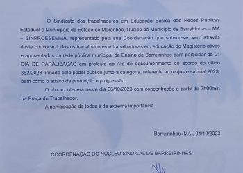 Prefeitura de Barrerinhas não cumpre acordo salarial e educadores paralisam atividades