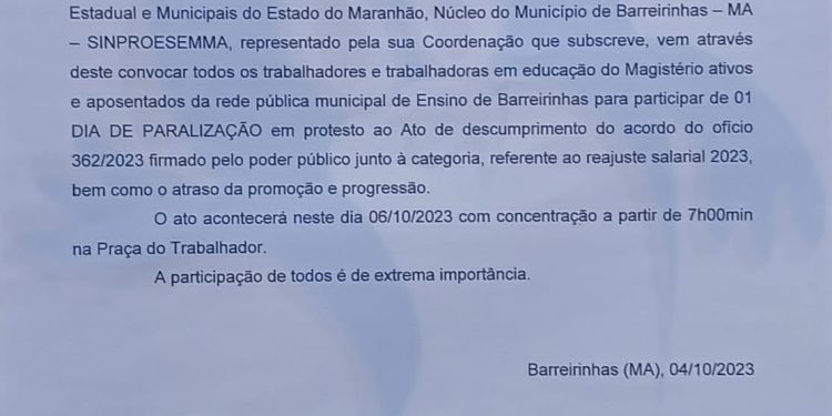 Prefeitura de Barrerinhas não cumpre acordo salarial e educadores paralisam atividades